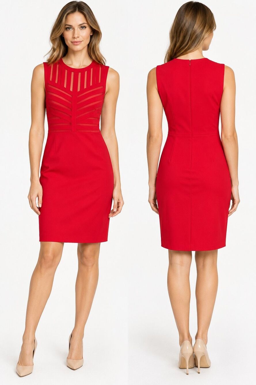Escada Elinara Red Sheer Mesh Panel Bodycon Cocktail Dress Size 38